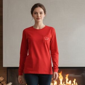 Ivory Ella Red Long Sleeve Pocket Tee Elephant Graphic Organic Cotton Women's S